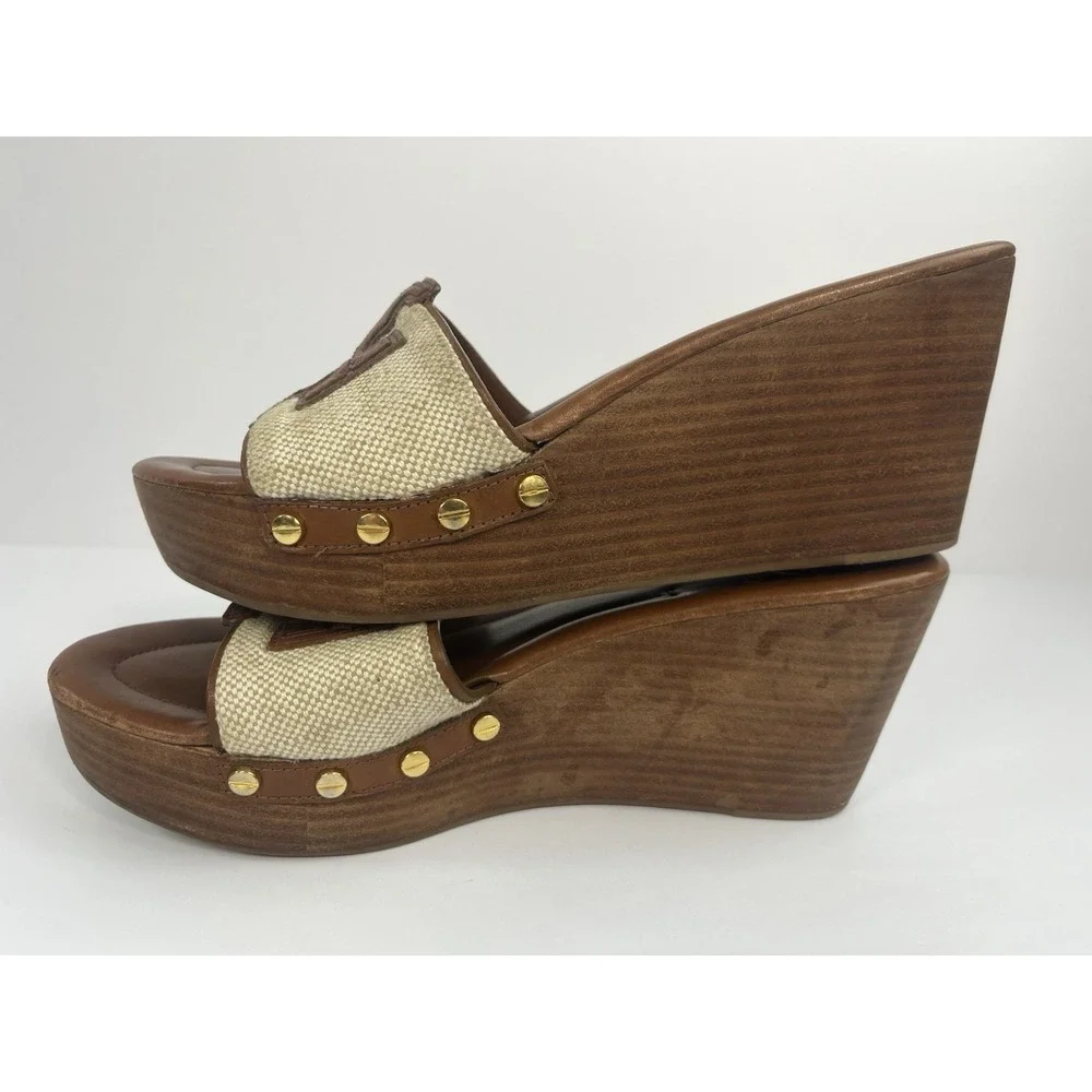 Tory Burch Terri Wood Canvas Wedge Sandals Women's Size 8.5M Brown Slip On